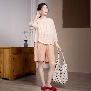 Crochet Collar Pleated Ramie Blouse