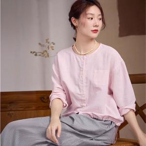 Chest Pocket Button Down Pink Drawstring Blouse
