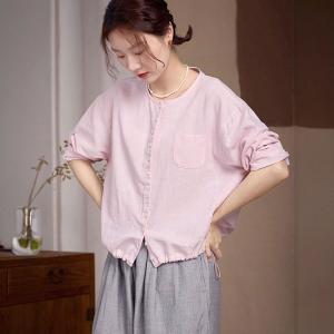 Chest Pocket Button Down Pink Drawstring Blouse