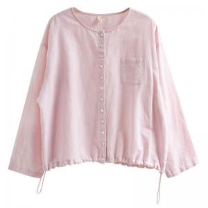 Chest Pocket Button Down Pink Drawstring Blouse