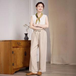 Drawstring Waist Plain Straight Leg Casual Pants