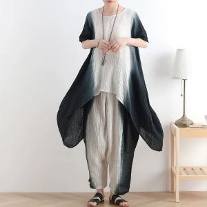 Tie-Dye Loose Linen Tunic Shirt with Red Harem Pants for Women