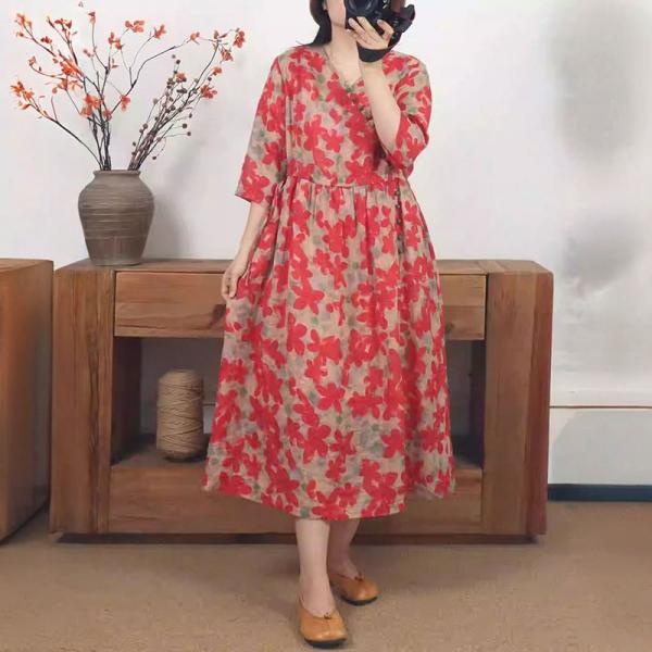 High Waist Red Flowers Organic Ramie Loose Dress