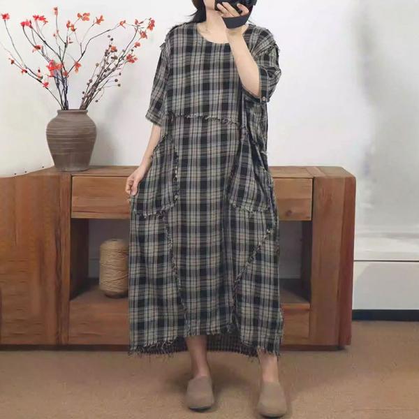 Casual 45% Cotton+55% Linen Half Sleeve Round Neck Plaid Blue comfy earthy cottagecore rustic slouchy lazy day