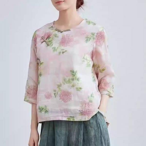 Frog Buttons Pink Peony Ramie Qipao Blouse