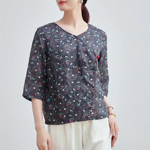 Oriental Chic Ramie Floral Wrap  Blouse
