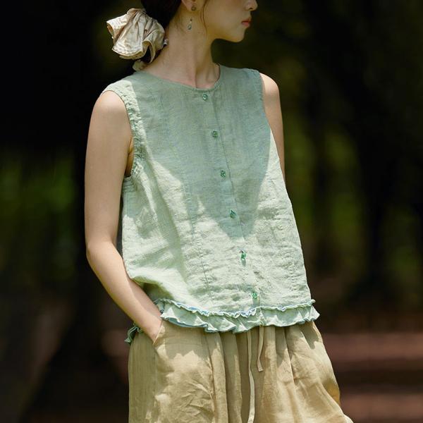 Cottagecore Style Ruffled Hem Linen Green Vest