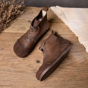 Lace Up Soft Leather Ankle Flat Boots