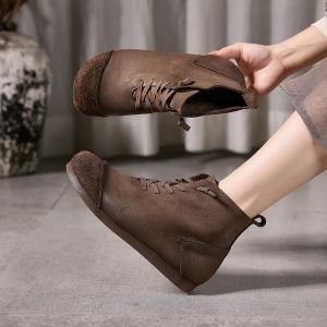 Lace Up Soft Leather Ankle Flat Boots