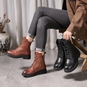 Side Zip Plush Lining Leather Unisex Combat Boots