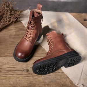 Side Zip Plush Lining Leather Unisex Combat Boots