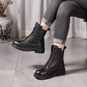 Side Zip Plush Lining Leather Unisex Combat Boots