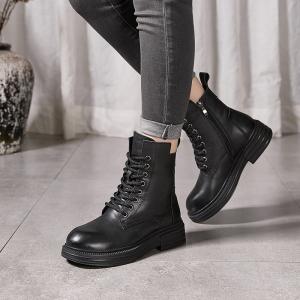 Side Zip Plush Lining Leather Unisex Combat Boots