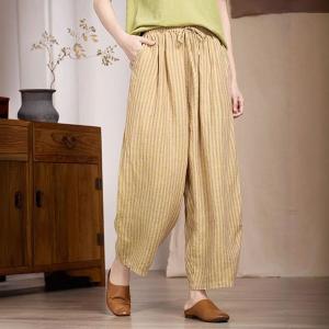 Drawstring Waist Pinstriped Yellow Linen Pants