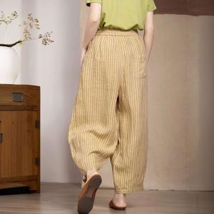 Drawstring Waist Pinstriped Yellow Linen Pants