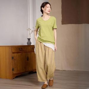 Drawstring Waist Pinstriped Yellow Linen Pants