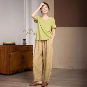Drawstring Waist Pinstriped Yellow Linen Pants