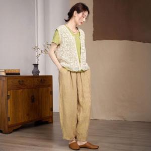Drawstring Waist Pinstriped Yellow Linen Pants
