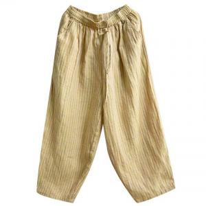 Drawstring Waist Pinstriped Yellow Linen Pants
