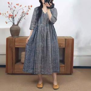 Tied Waist Blue Striped Ramie Dress