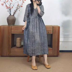 Tied Waist Blue Striped Ramie Dress