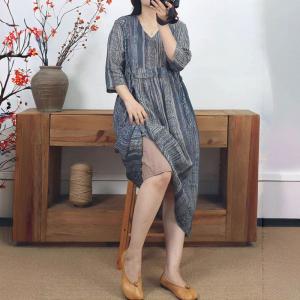 Tied Waist Blue Striped Ramie Dress
