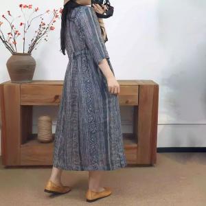 Tied Waist Blue Striped Ramie Dress