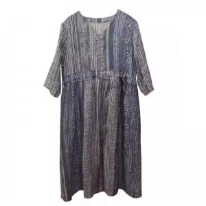 Tied Waist Blue Striped Ramie Dress