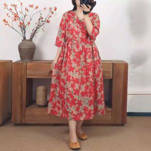 High Waist Red Flowers Organic Ramie Loose Dress