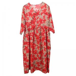High Waist Red Flowers Organic Ramie Loose Dress