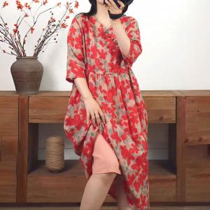 High Waist Red Flowers Organic Ramie Loose Dress