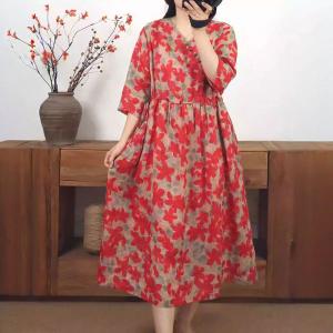 High Waist Red Flowers Organic Ramie Loose Dress