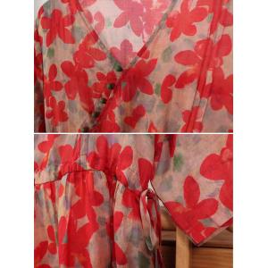 High Waist Red Flowers Organic Ramie Loose Dress