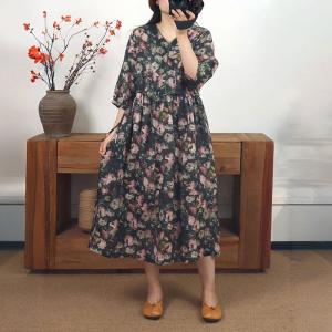 V-Neck Printed Black Empire Waist Dress