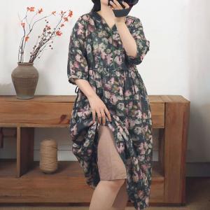 V-Neck Printed Black Empire Waist Dress