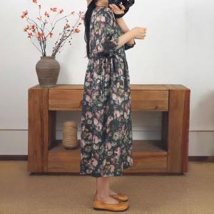 V-Neck Printed Black Empire Waist Dress