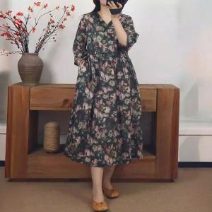 V-Neck Printed Black Empire Waist Dress