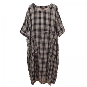 Blue Gingham Cotton Linen Fringed Dress