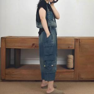 Street Style Cropped Waistcoat with Pocket Baggy Jeans