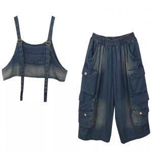 Street Style Cropped Waistcoat with Pocket Baggy Jeans