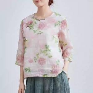 Frog Buttons Pink Peony Ramie Qipao Blouse
