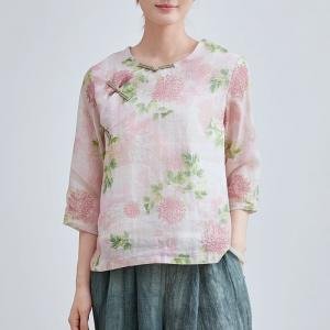 Frog Buttons Pink Peony Ramie Qipao Blouse