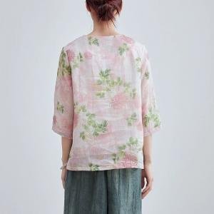 Frog Buttons Pink Peony Ramie Qipao Blouse