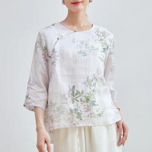 Beading Buttons Ramie Oversized Printed Blouse