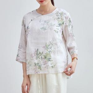 Beading Buttons Ramie Oversized Printed Blouse