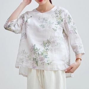 Beading Buttons Ramie Oversized Printed Blouse