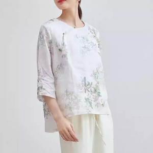 Beading Buttons Ramie Oversized Printed Blouse