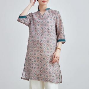 Side Slit Printed Ramie Loose Long Tunic