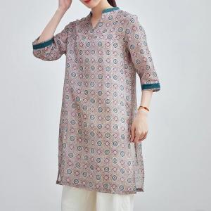 Side Slit Printed Ramie Loose Long Tunic