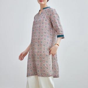 Side Slit Printed Ramie Loose Long Tunic